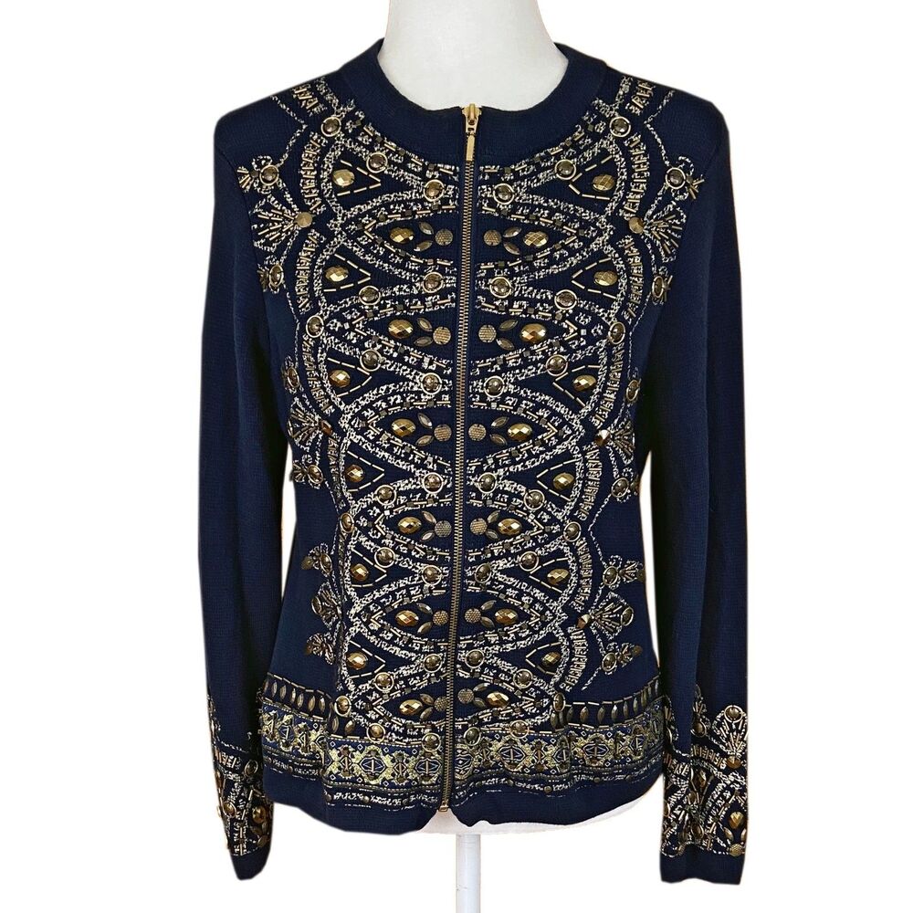 Chico’s Demitria Cardigan M Petite Navy w/Gold Beading Embellishments Embroidery